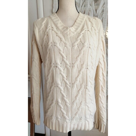 Vintage Sweater Women M Cable Knit V Neck Cream Ivory 70% Wool Pullover - Picture 1 of 3